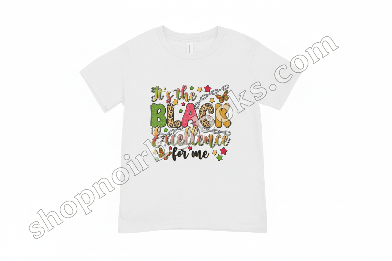 White t-shirt with colorful text design on a white background