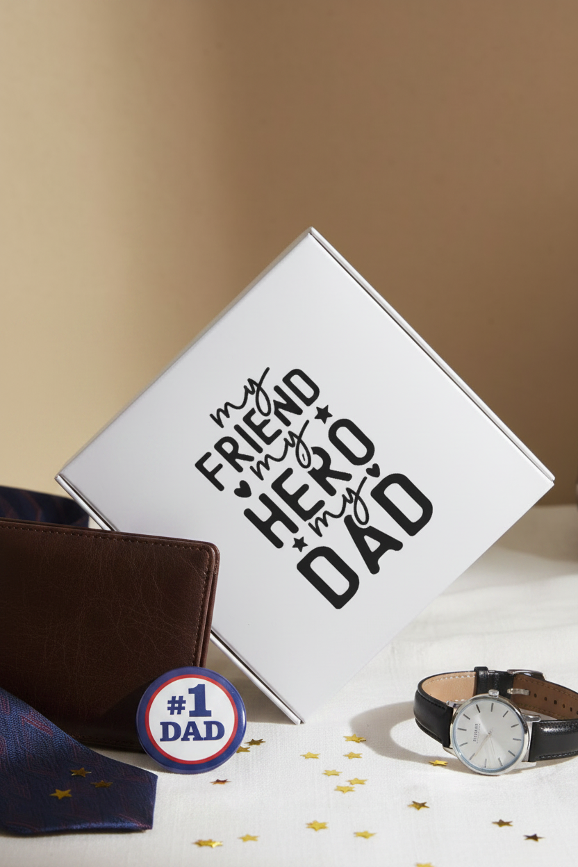Card with 'My friend is my hero, my hero is my dad' text on a beige background with rocks and a pine cone.