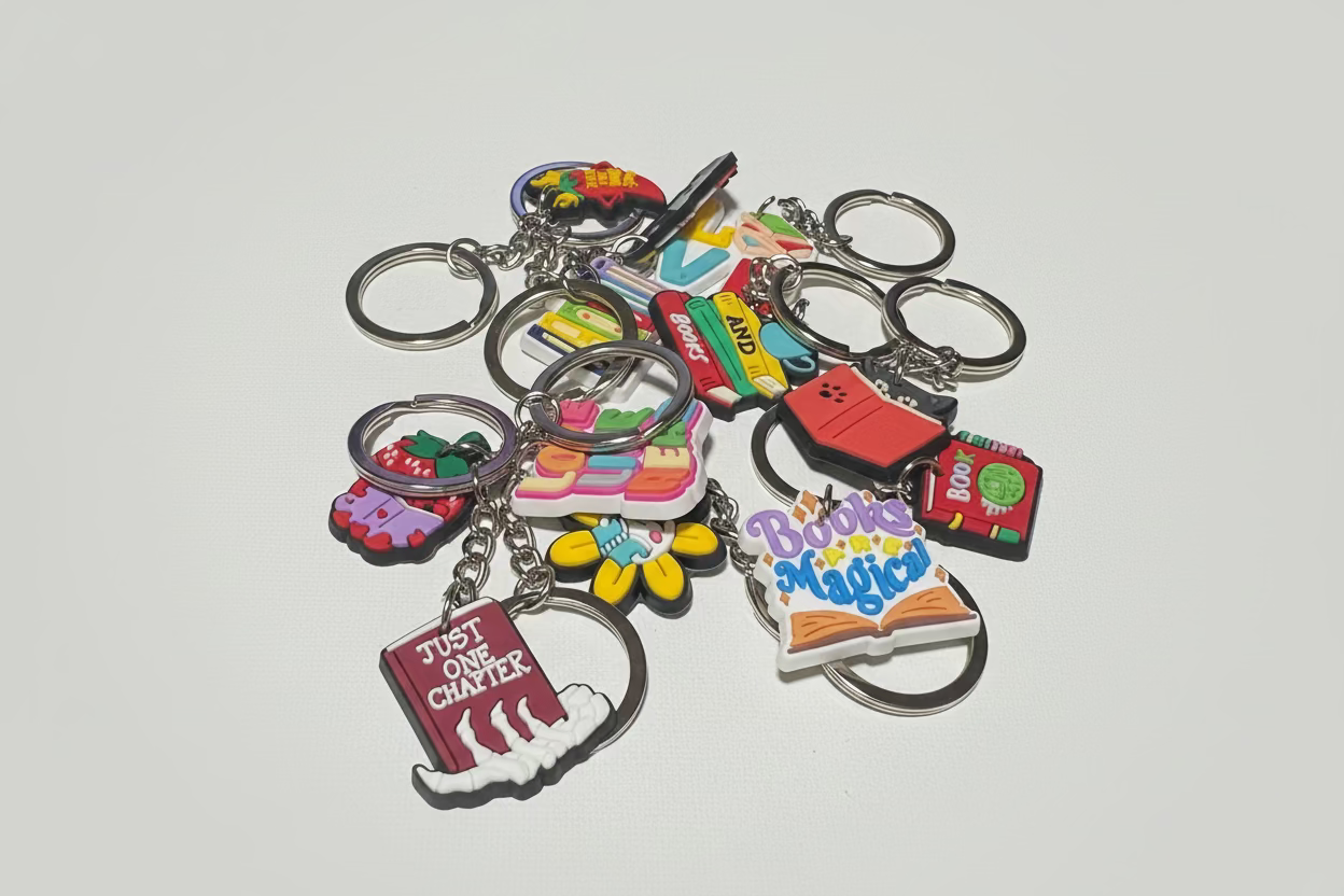 Collection of colorful book-themed keychains on a white background