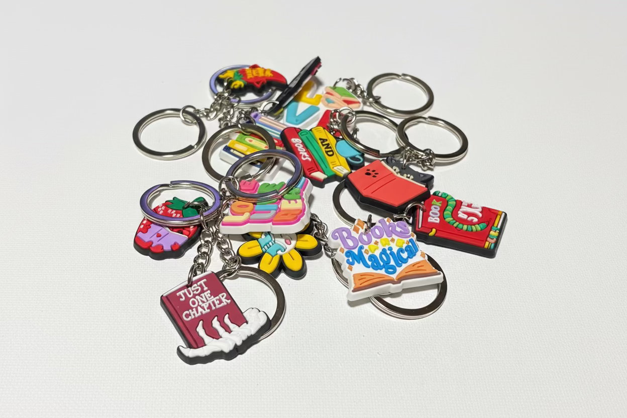 Collection of colorful keychains with book-themed designs on a white background