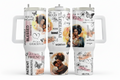 Three tumblers with motivational quotes and images of a woman on a blurred outdoor background