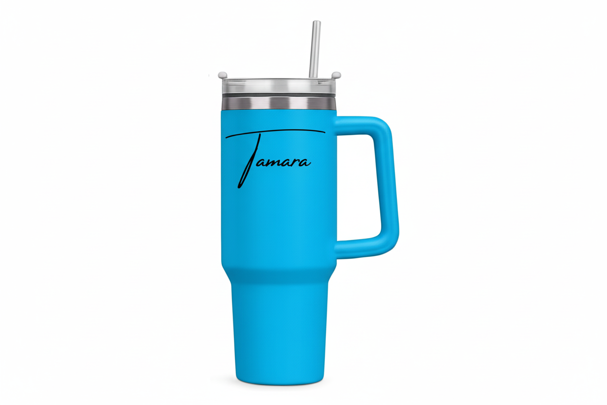 White tumbler with a silver lid and handle, featuring the name 'Tamara' on a white background.